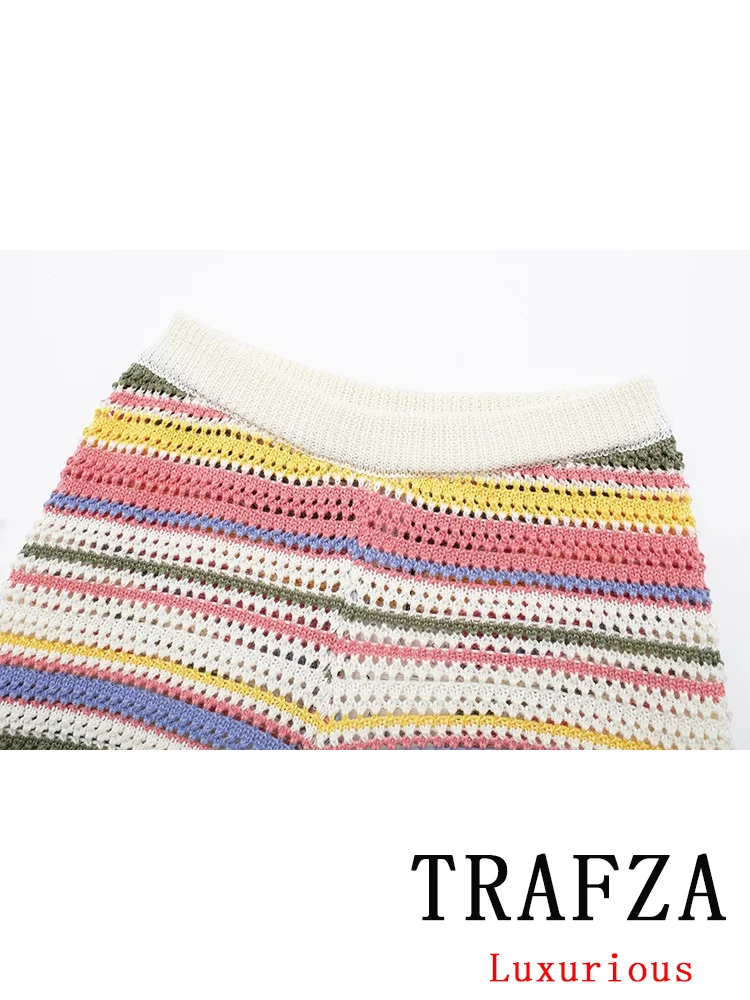 TRAFZA Vintage Casual Chic Women Suit Striped Halter Knitted Sleeveless Top Straight Loose Shorts New Fashion 2024 Autumn Sets