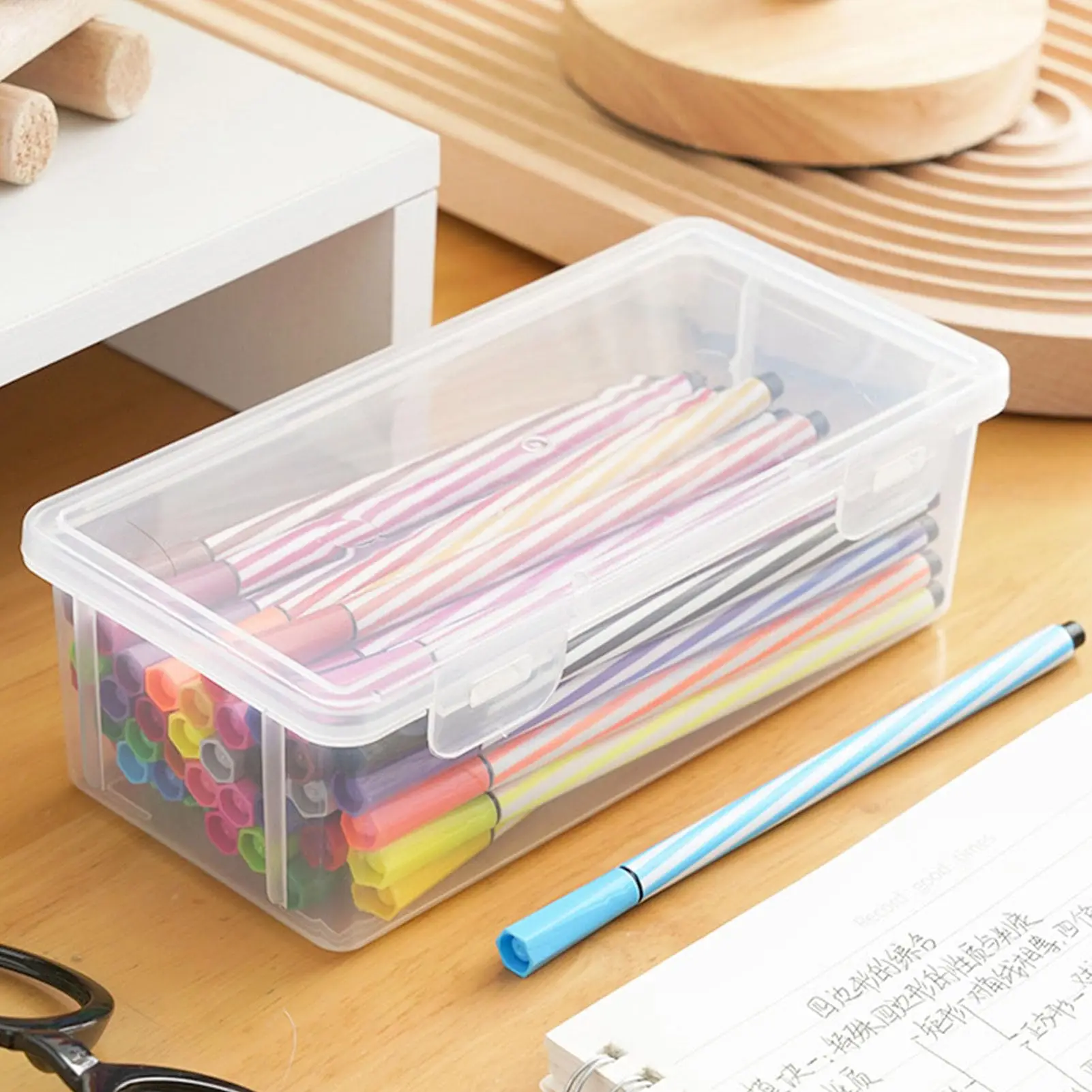 Pencil Storage Box,Pen Organizer Storage,Office Supplies Organizer Box,Large Capacity Transparent Marker Crayon Box for School