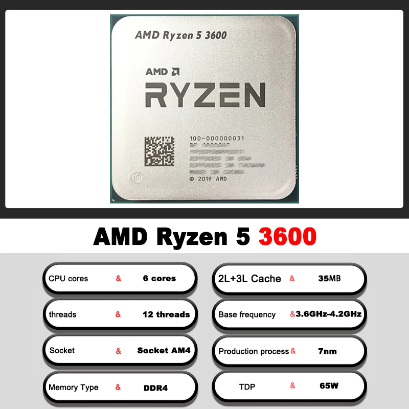 معالج AMD Ryzen 5 3600 R5 3600 مستعمل وحدة المعالجة المركزية 3.6 جيجا هرتز GAMING Zen 2 7NM 65W L3=32M 100-000000031 مقبس AM4 #2