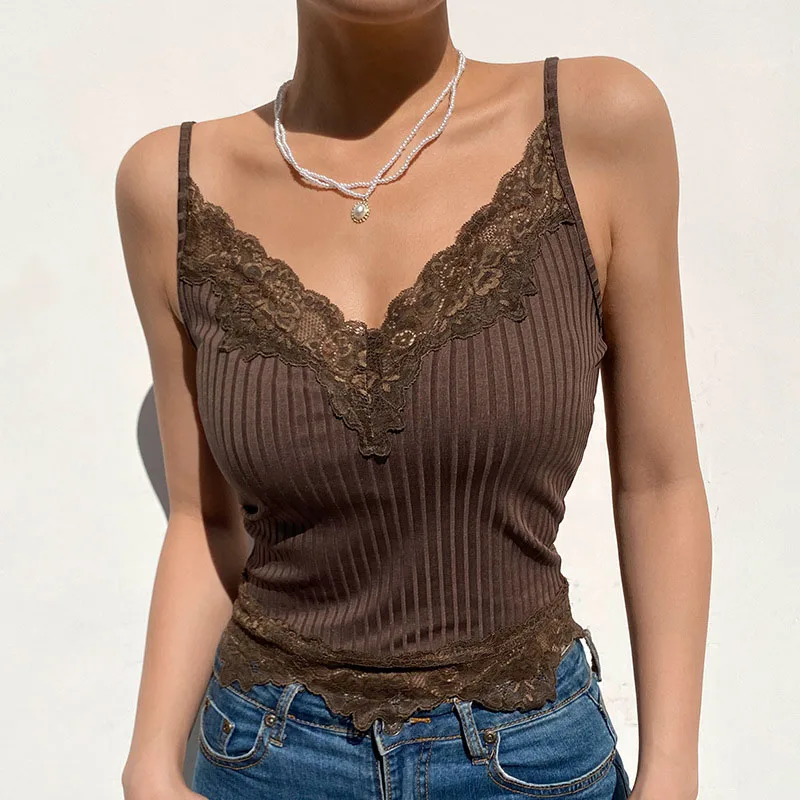 Goth Aesthetic Lace Patchwork Tank Tops For Women Sexy V-Neck Brown Retro Crop Tops Summer y2k Fashion Casual Camisole