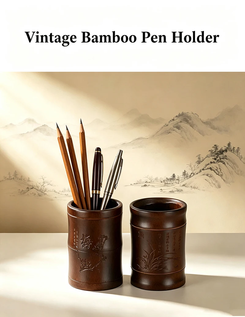 Natürlicher Bambus-Stifthalter im Retro-Stil mit chinesischer Schnitzerei, Aufbewahrungsbox für Tintenstifte, Schreibtisch-Organizer für Schreibwaren, Büro- und Schulbedarf – Detail 1