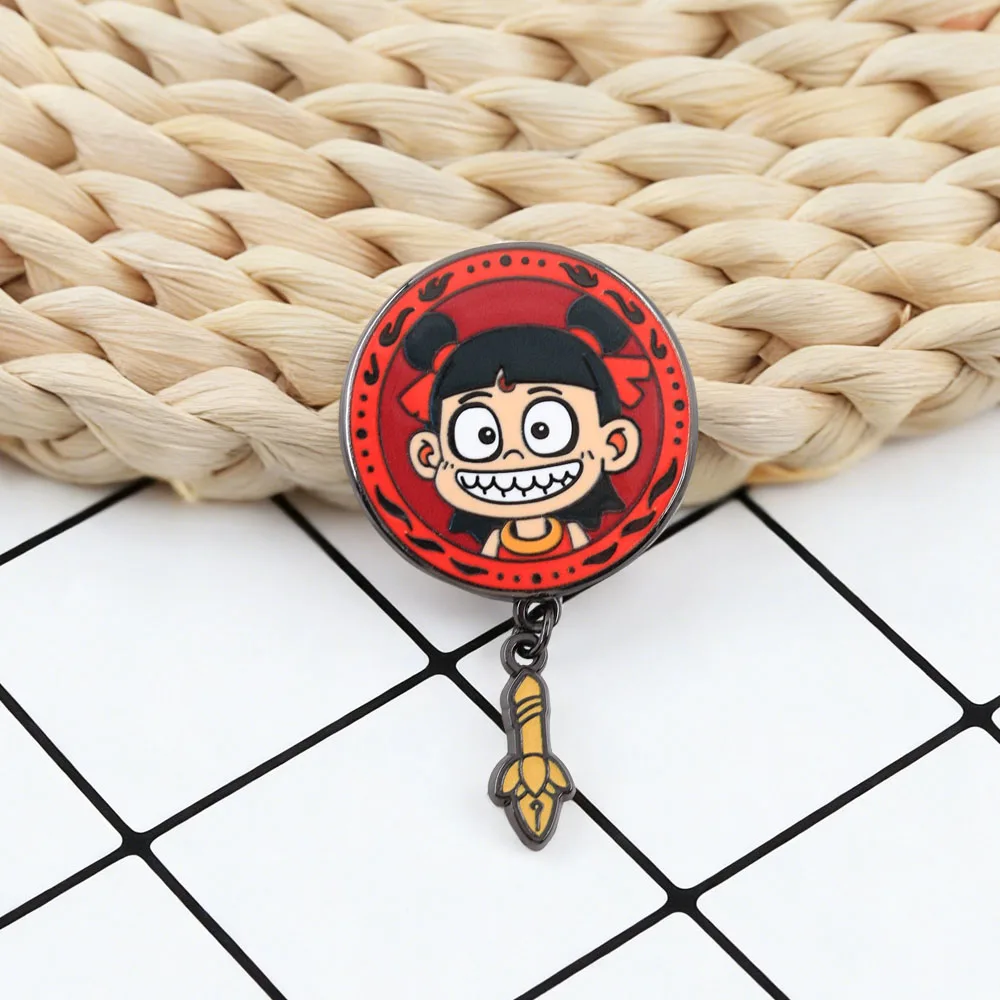 Anime Nezha Themed Brooch Double Maruko Head Badge Fire Spear Pendant Lapel Pin Cartoon Character Peripheral Accessories Gift