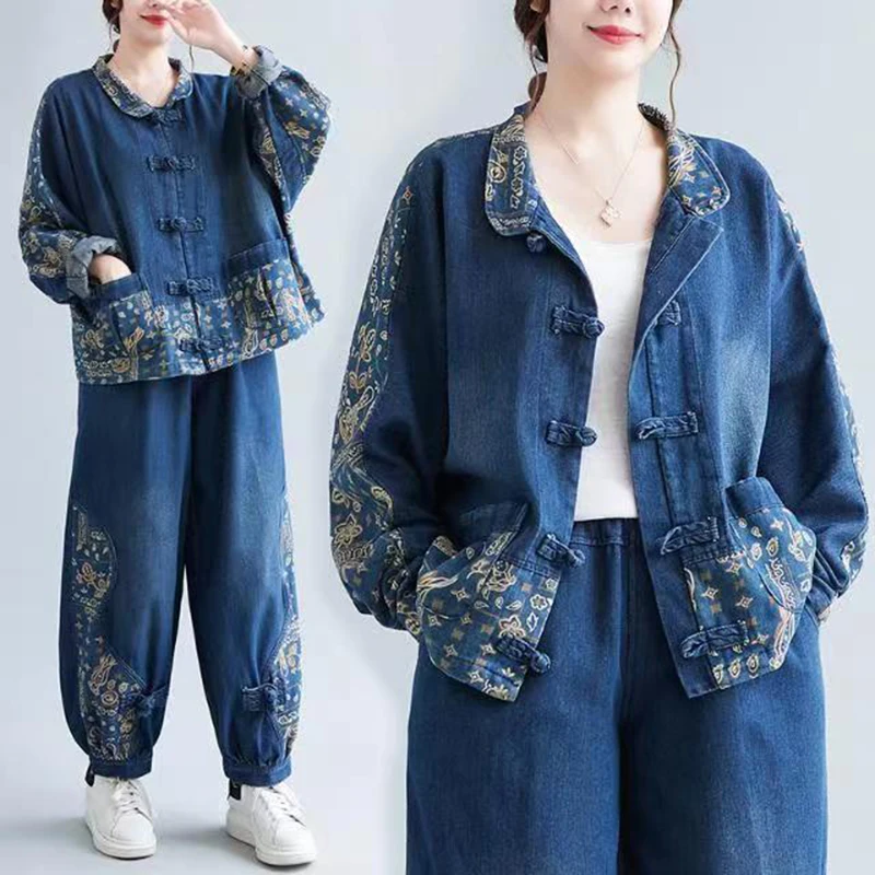 New Denim Sets Spring Autumn Women Floral Print Denim Jacket And Jeans 2 Piece Set Vintage Large Size Elastic Waist Jeans Suits