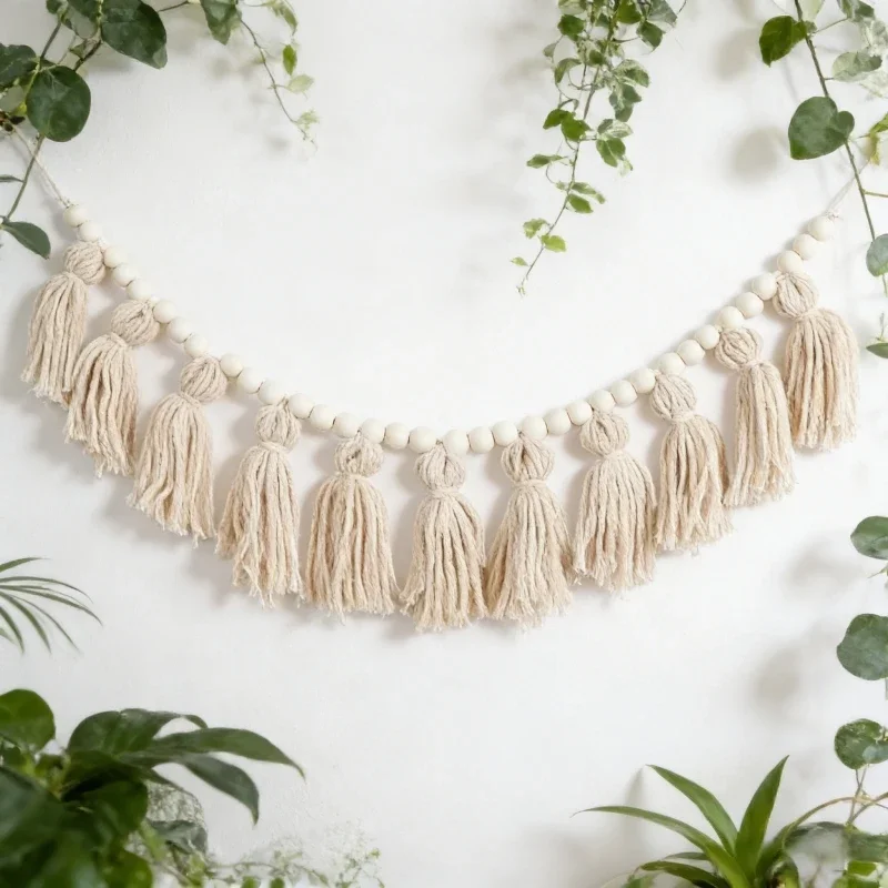 Woven Hanging String Decor Kit Bohemian Wall Mounted Set Wooden Beads Wool Balls Tassel String Home Wall Ornament Accessory