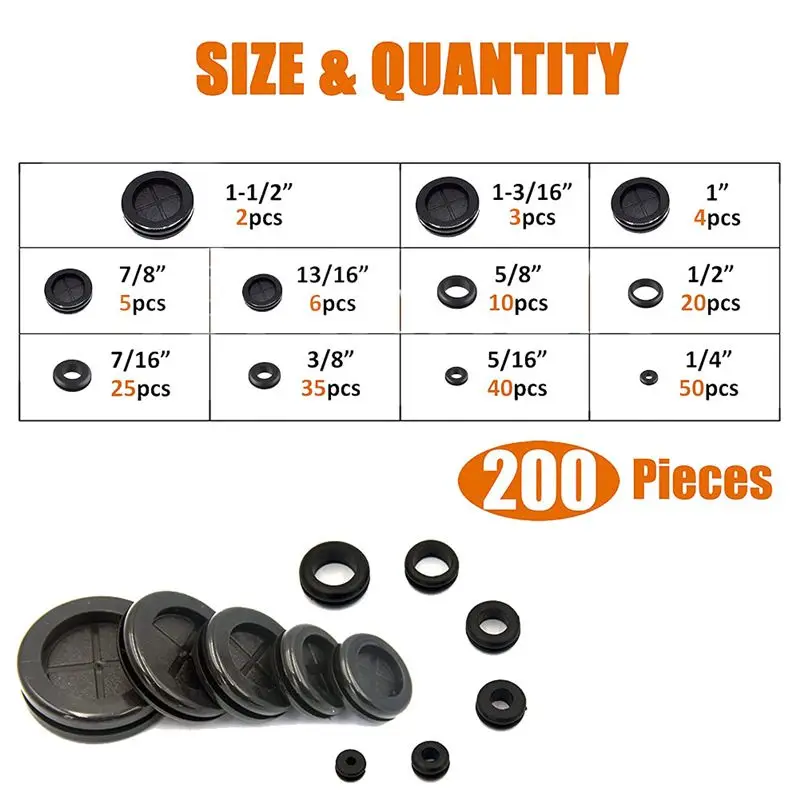 A77K 200Pcs Rubber Grommet Assortment Kit, 11 Sizes Drill Hole Firewall Hole Plugs Wire Protection
