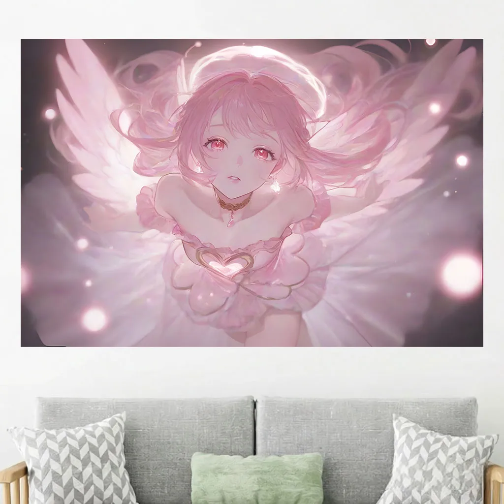 Pink Angel Anime Girl Tapestry Aesthetic Wings Wall Hanging Soft Pastel Kawaii Art Wall Tapestry Bedroom room decoration items