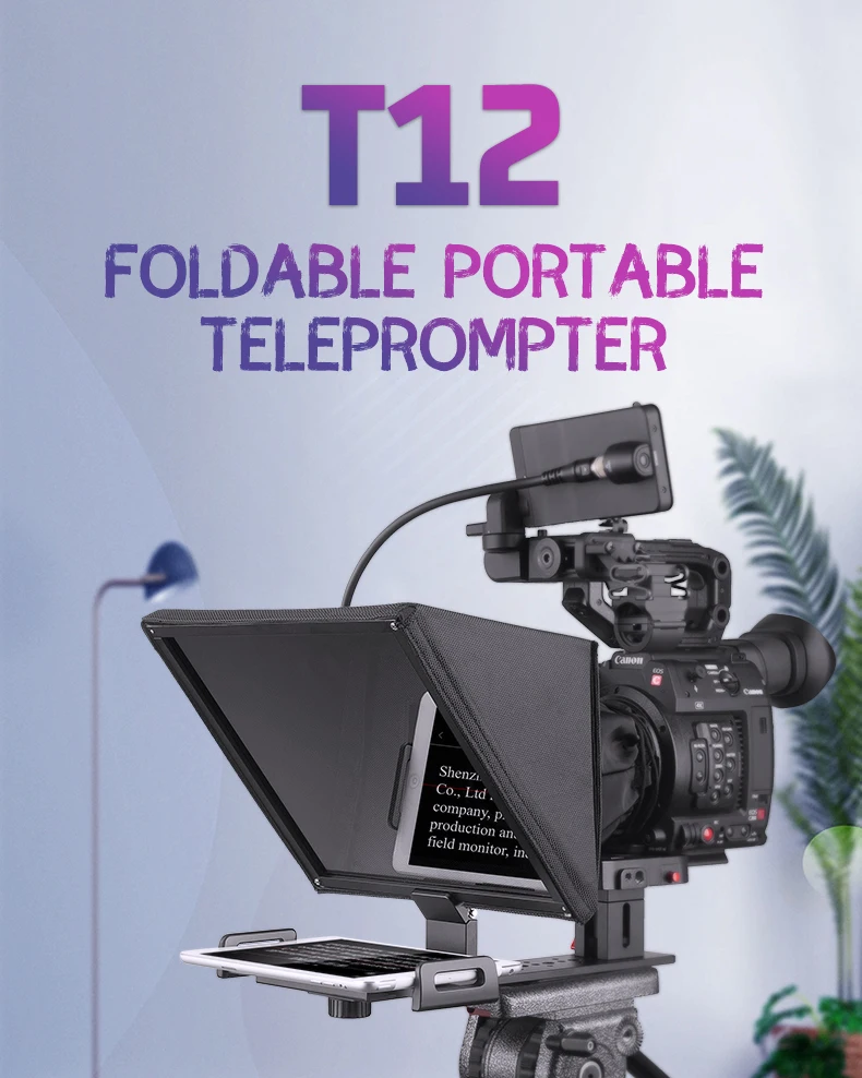 T12 Teleprompter portátil para Smartphone, Tablet, Câmera DSLR, Gravação de Vídeo, Transmissão ao Vivo, Controle Remoto