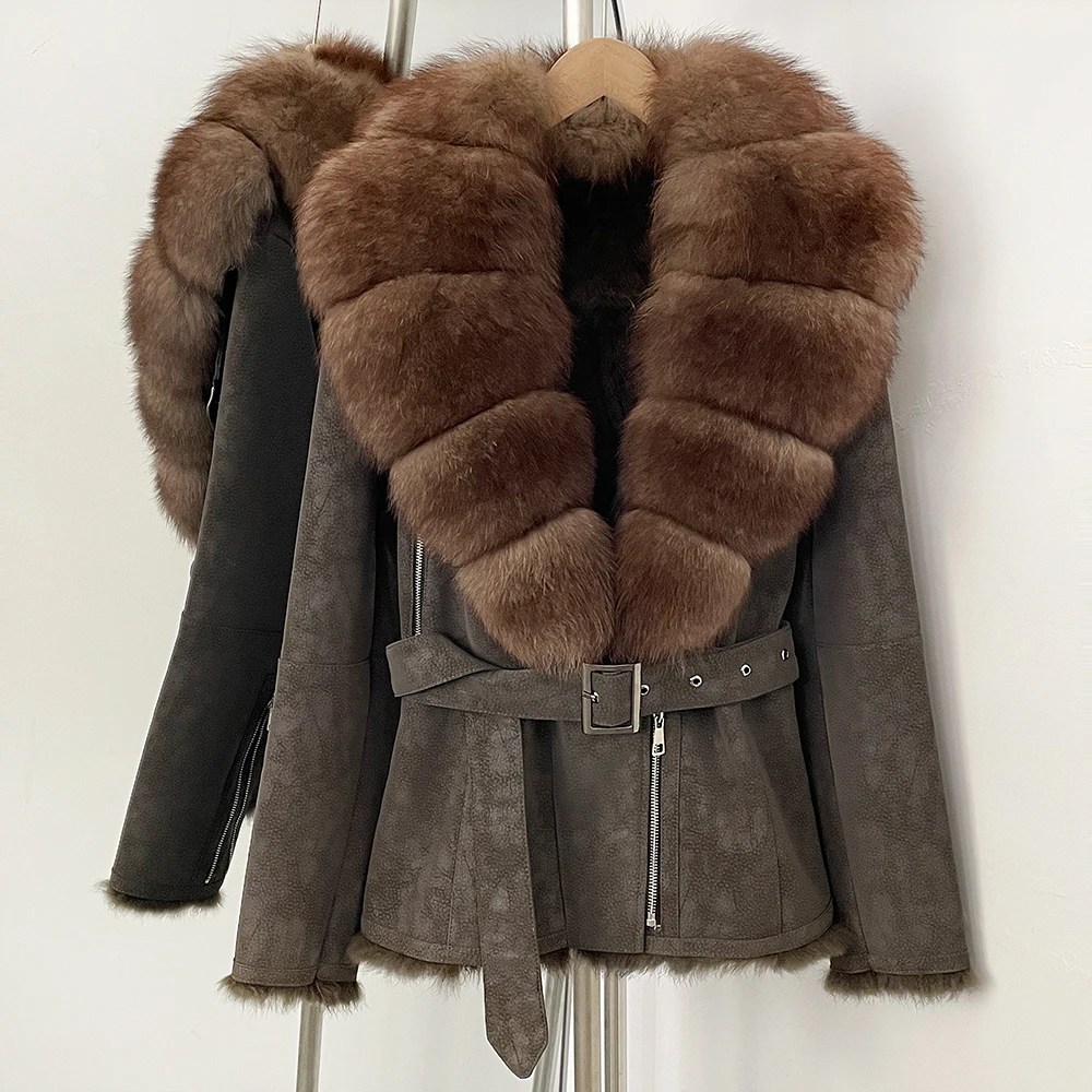 

Женская теплая короткая шуба из натурального меха с отделкой из меха и замши, зимняя роскошная верхняя одежда с поясом, новинка в категории пальто