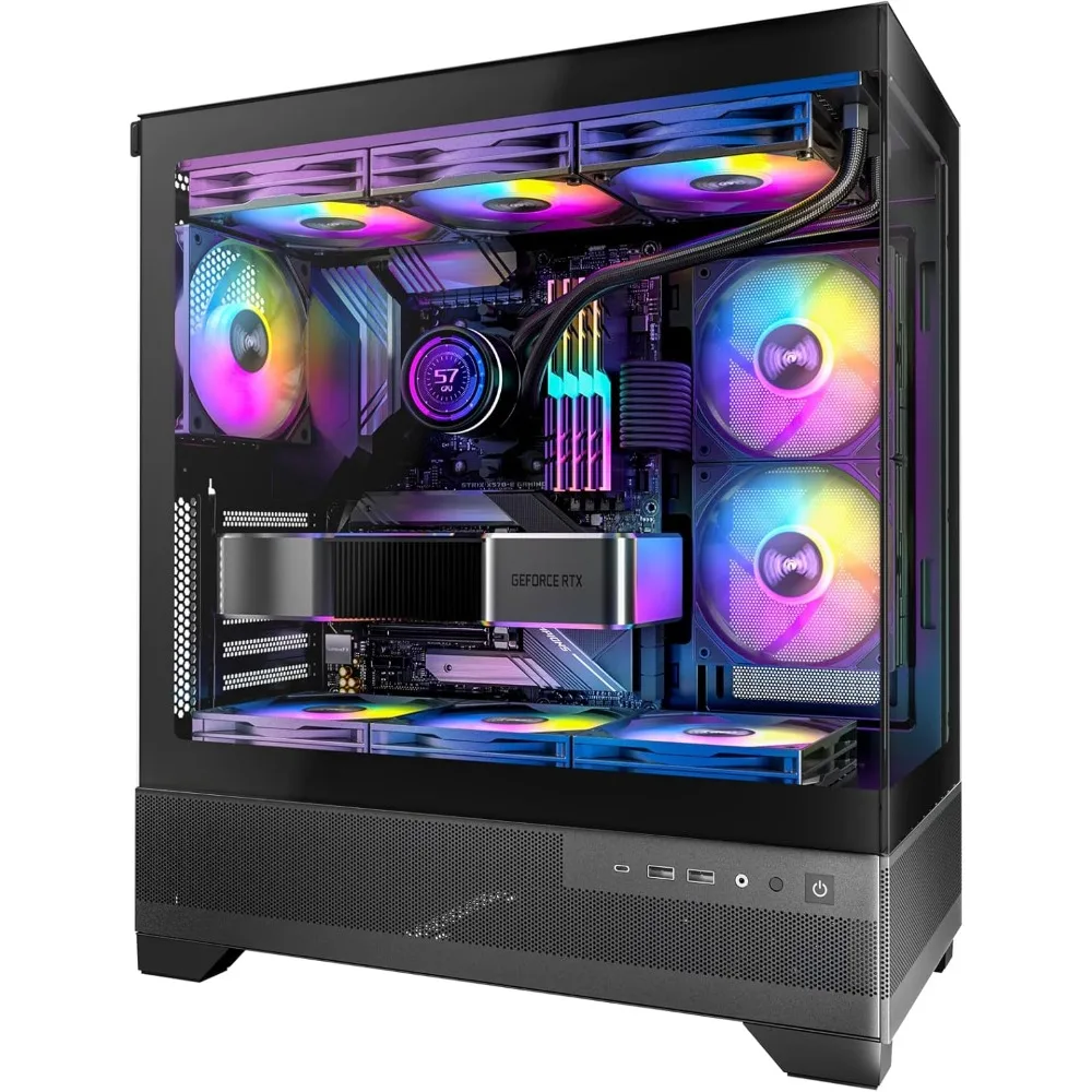 ATX Mid Tower PC Case, Pre-Installed 6 × 120mm PWM ARGB Fan, Panoramic View Tempered Glass Front & Side Panel, Type C Port