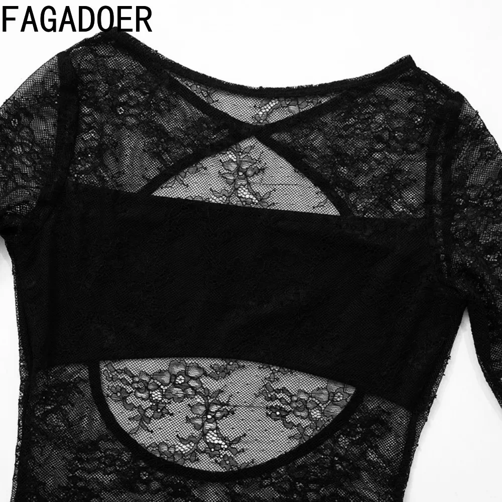 FAGADOER-Mini Vestidos ajustados con perspectiva de encaje para mujer, ropa transparente de manga larga con cuello redondo, color negro, Sexy, 2024