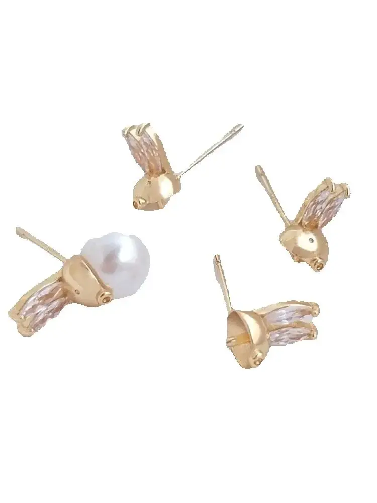 

S925 Silver Needle 14K Gold Color Cute Bunny Zircon Rabbit Head Half Hole Bead Holder Earrings DIY Earrings Ear Accessories