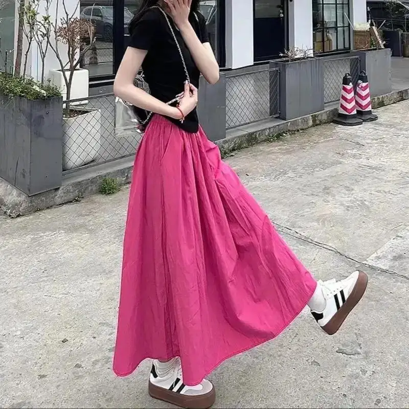 

Summer New Loose Slimming Casual Yellow Peach Color High Waist Pleated Long Skirt A-Line Half-length Women's Skirt