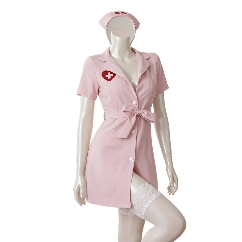 Cosplay Naughty Nurse Uniform Set Women's Belted Mini Dress with Cross Heart Patch Nurse Cap for Halloween Role Play
