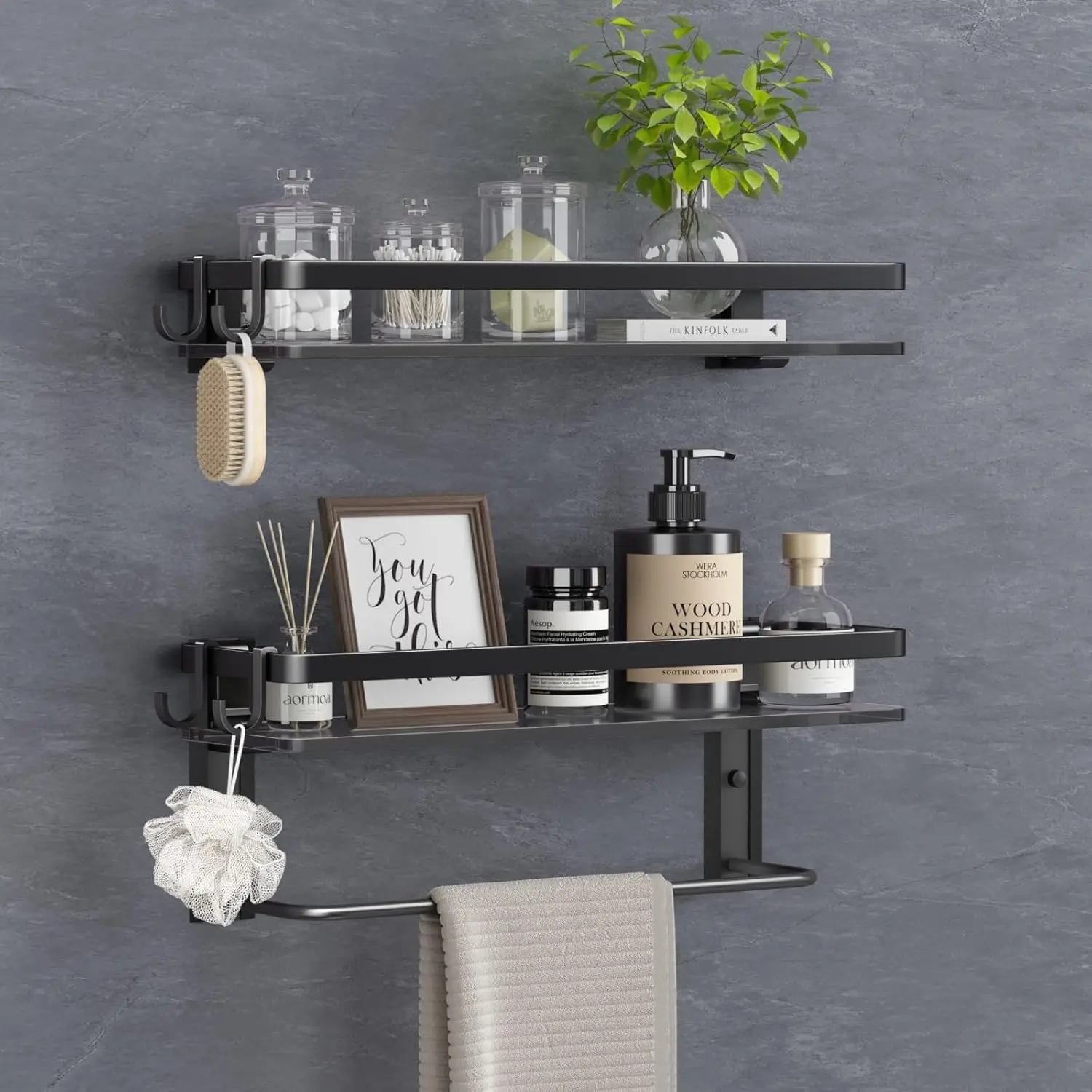 

15.7 Inch Black Wall Mounted Tempered Glass Bathroom Shelves with 4 Removable Hooks, 2-Tier Storage