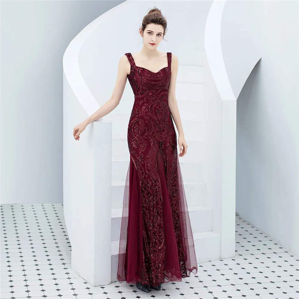 Women's Sequins Evening Dress  Strapless Fishtail Skirt Host Wedding Evening Floor Dresses