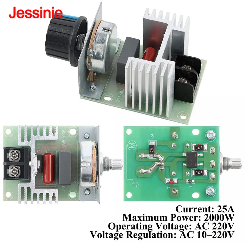 AC 220V 2000W High Power SCR Electronic Voltage Regulator Module Adjustable Motor Speed Controller 25A Dimming Temperature