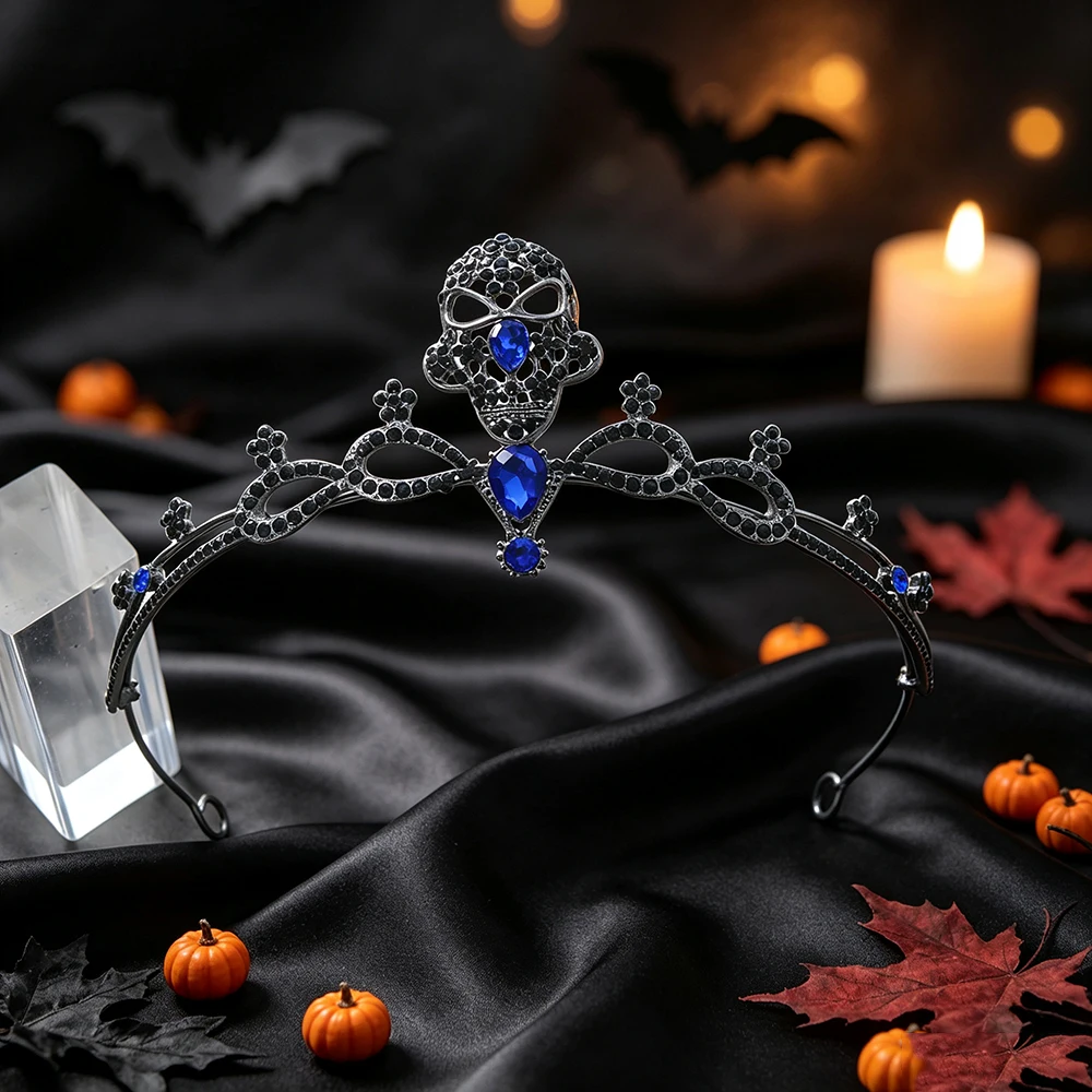 Gothic Sugar Skull Crown Tiara Black Metal Halloween Day of The Dead Cosplay Costume Dark Queen Party Bridal Hair Accessories view 6