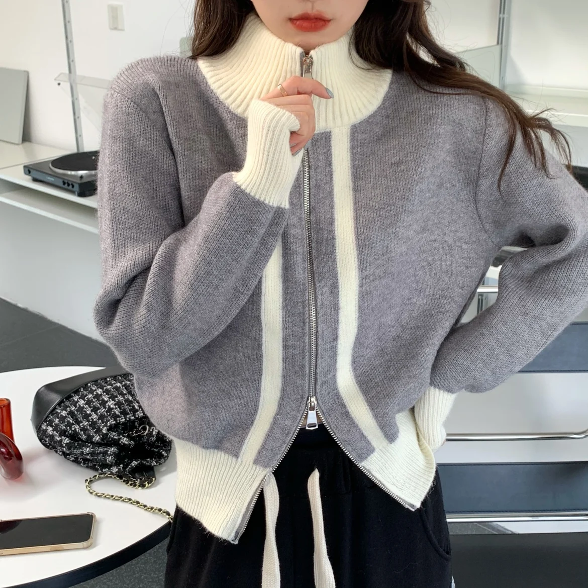 

Women's Knitted Cardigan Top High Collar Double Zipper Outerwear Faionable Autumn Winter Sweater Jaet Thiened Long Sve