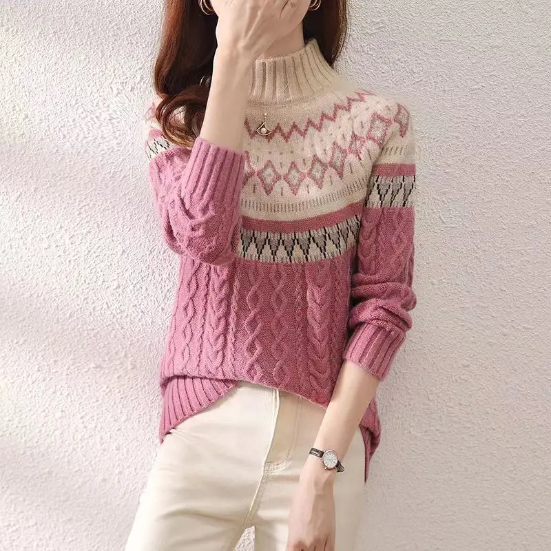 Pulover wanita lengan panjang, Sweater atasan kasual mode Vintage longgar geometris benang sekrup lengan panjang leher tinggi setengah pulover musim gugur dan musim dingin