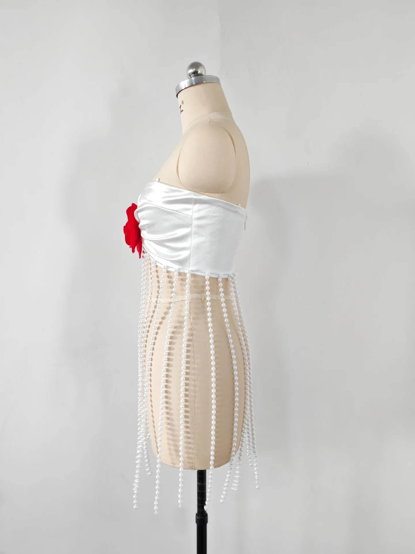 2025 Women Sexy Strapless Pearl Tassel 3D Flowers Black Dress Birthday Party Costume Bar Nightclub Stage Performance Clothing