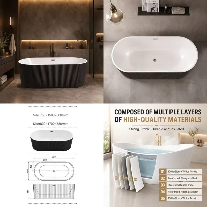 1700mm Freestanding Oval Acrylic Bathtub Two Tone Black with Vertical Groove Pattern for Luxury Hotel Project