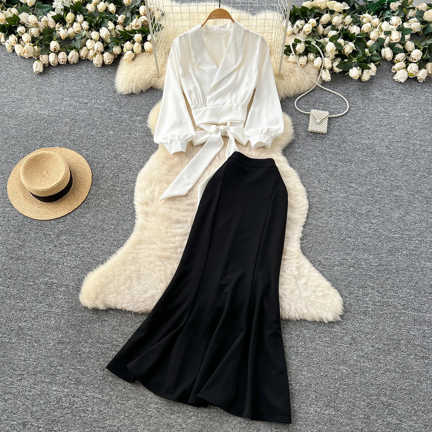 

Chic vintage long sleeve Criss-Cross slim Elegant Fairy korean fashion mermaid dress autumn women clothing Two Piece Set