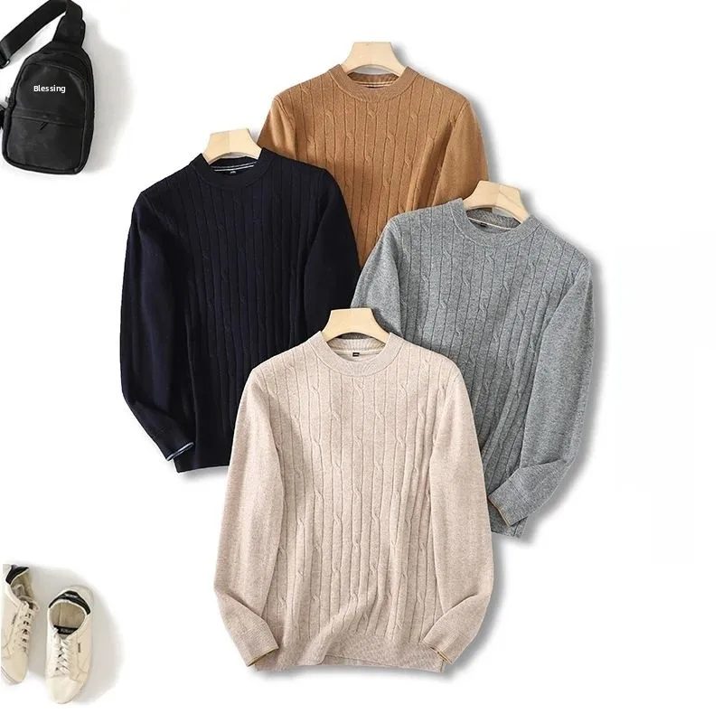 

Мужской зимний свитер из 100% шерсти, однотонный, с круглым вырезом, теплый, модный, городской стиль, с длинными рукавами, молодежный трикотаж