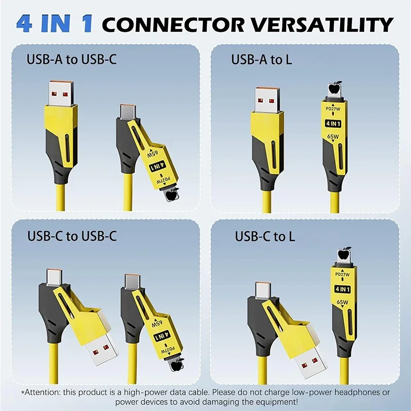 شاحن سريع 65 وات 1.5 متر 4 في 1 كابل بيانات قصير زنبركي USB نوع C زنبركي تلسكوبي شاحن سريع سلك كابل USB زنبركي لهاتف آيفون