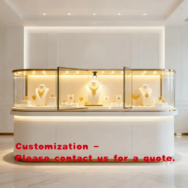 custom.Custom Luxury Metal Showroom Furniture LED Light Lockable Glass Jewelry Counter Showcase Jewellery Store Display Cabi