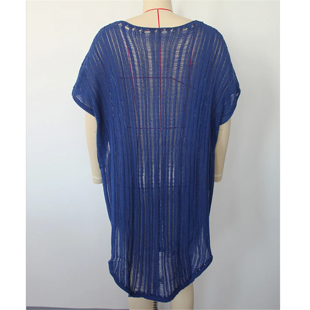Neues, kurzärmeliges, einfarbiges, gehäkeltes Strick-Tunika-Strandkleid mit V-Ausschnitt, Strandkleid, Strandmode, Damen V8534 – Detail 18