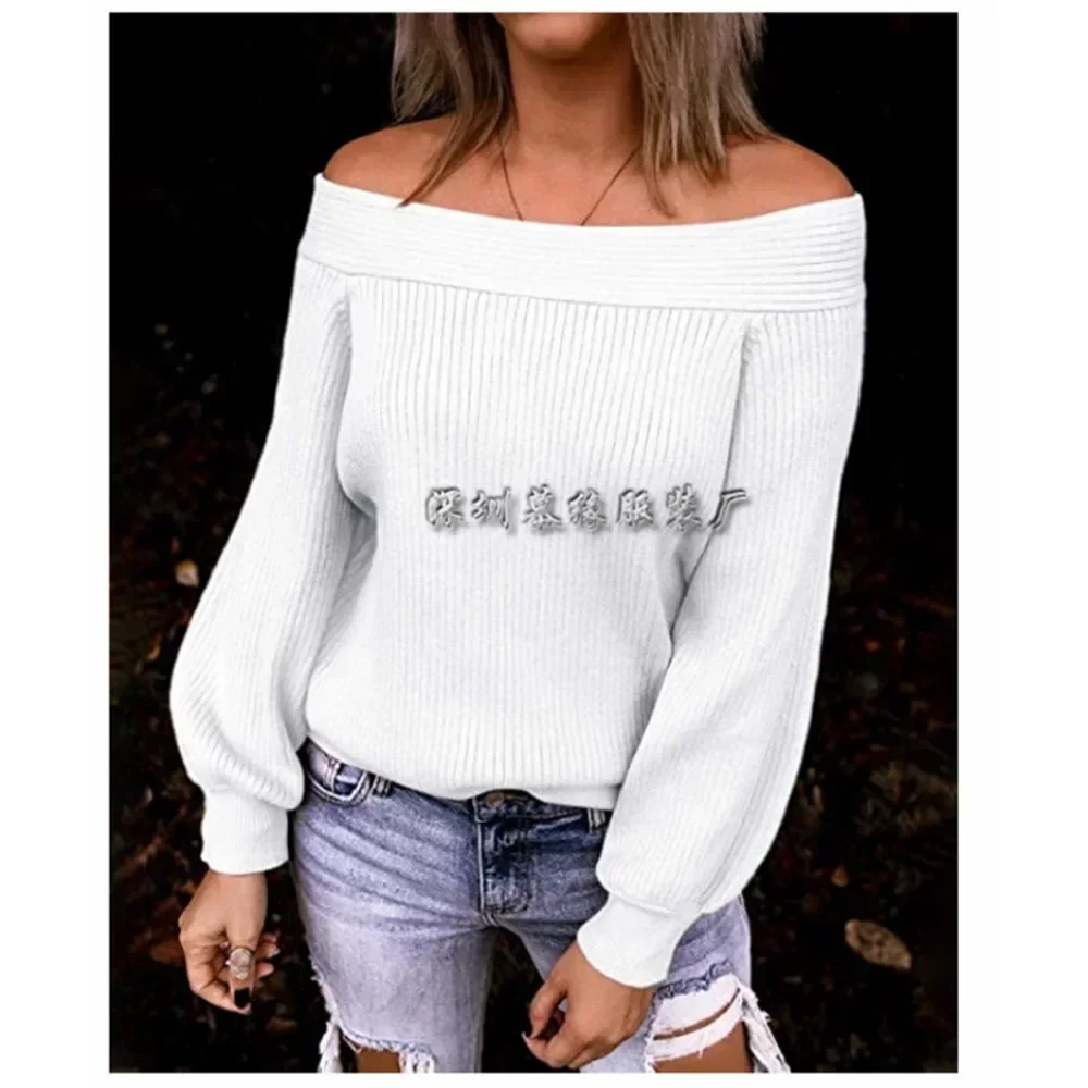 Off-shoulder large size elegant loose knit shirt autumn and winter one-line collar solid color pullover sweater women