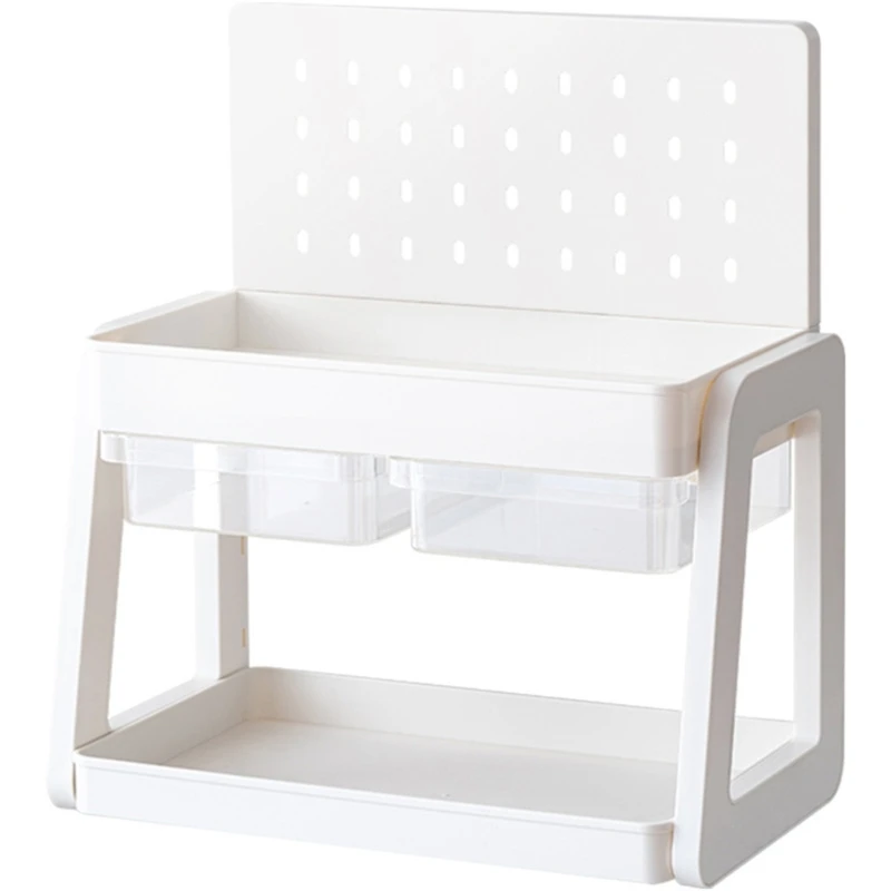 Desk Organizers 2 Tiers with Pegboard Back Panel, Clear Drawers and Lower Tray, Plastic Desktop Storage for Study and D2RC