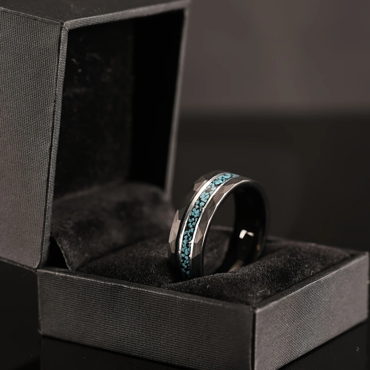 Black Tungsten Carbide Ring, 8mm Luxury Couple Wedding Rings for Men and Women, Crushed Turquoise for Daily Wear, Anniversary