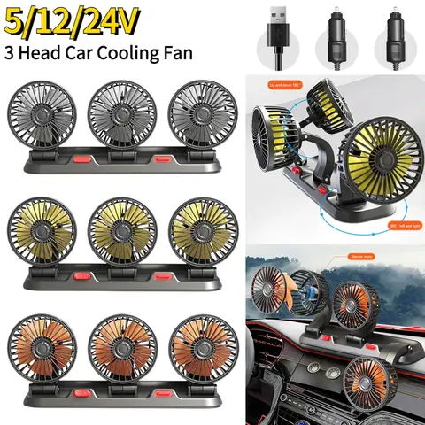 12v 자동차 팬 자동차 팬 24v 360 ° 조정 가능한 3 헤드 공기 팬 저소음 다기능 임시 주차 카드 자동차 차량 팬