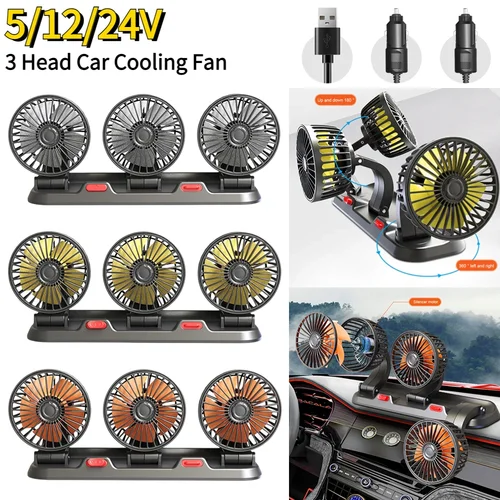 Ventilador automotriz de 12v Ventilador de coche 24v 360 °   Ventilador de aire ajustable de 3 cabezales, tarjeta de estacionamiento temporal multifuncional de poco ruido, ventilador para vehículos