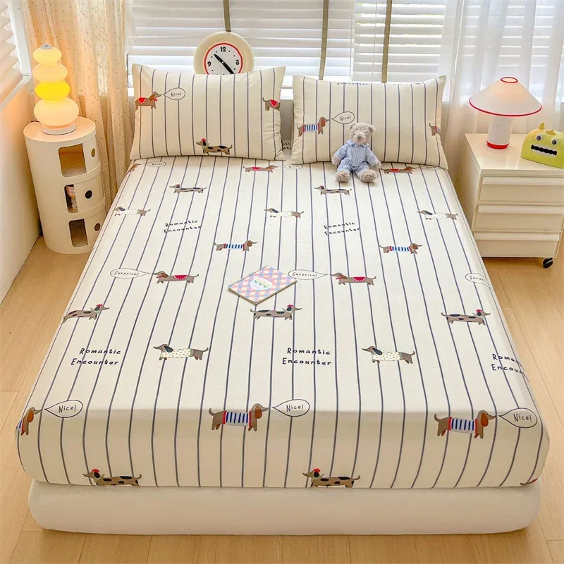 Cute Dog Fitted Sheet Cartoon Dachshund Print Cotton Mattress Covers for Kids Boys Girls Puppy Striped Bedding Set Bedroom Decor