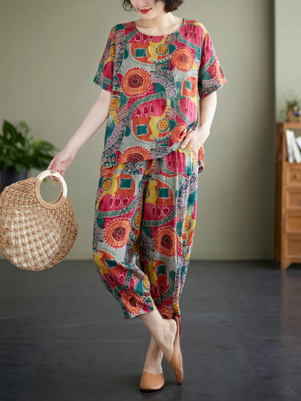 Novo 2025 feminino algodão linho casual ort sve impressão conjunto de duas peças confortável respirável faionable mãe roupas