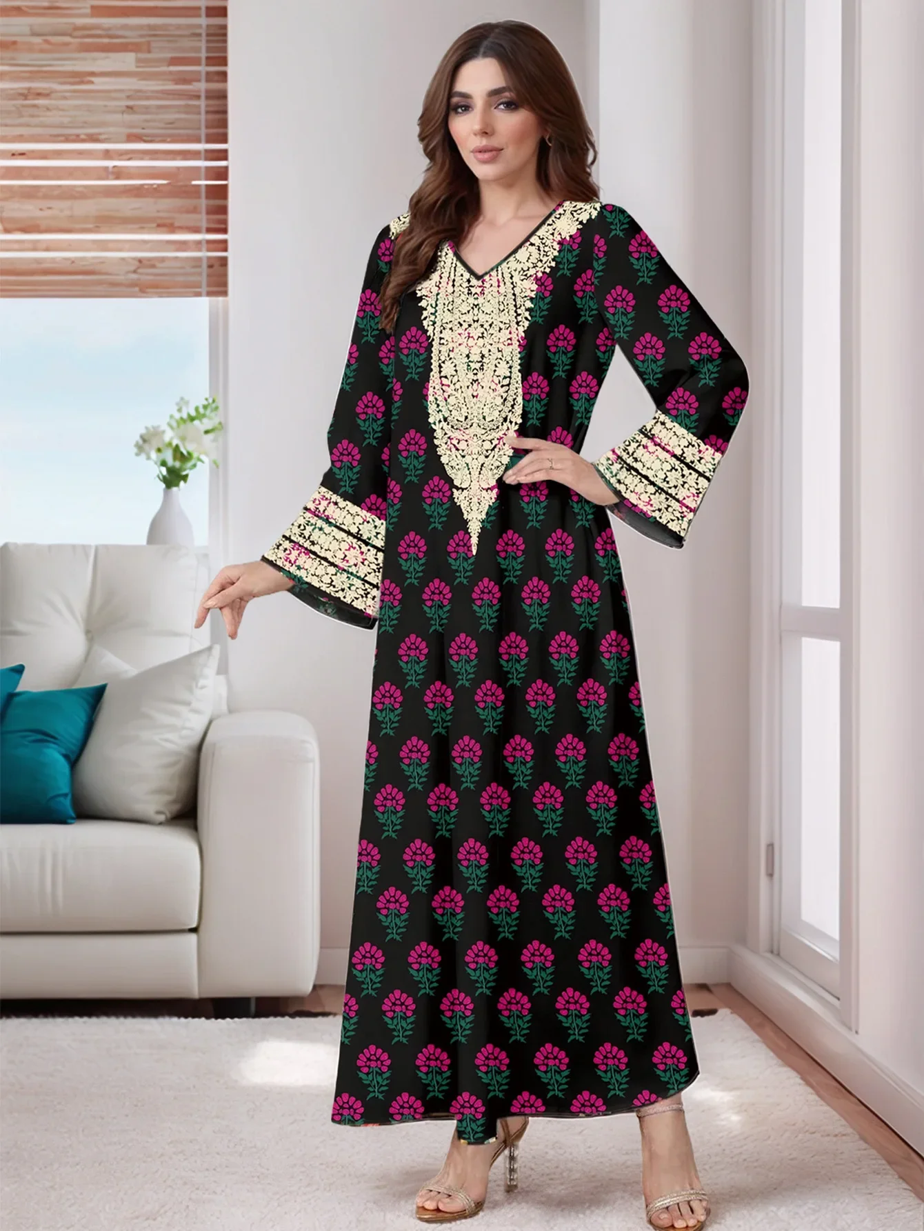 Eid vestido de festa para mulheres muçulmano abaya manga longa jalabiya impressão flor ramadan vestidos longos vestidos largos árabe longo robe