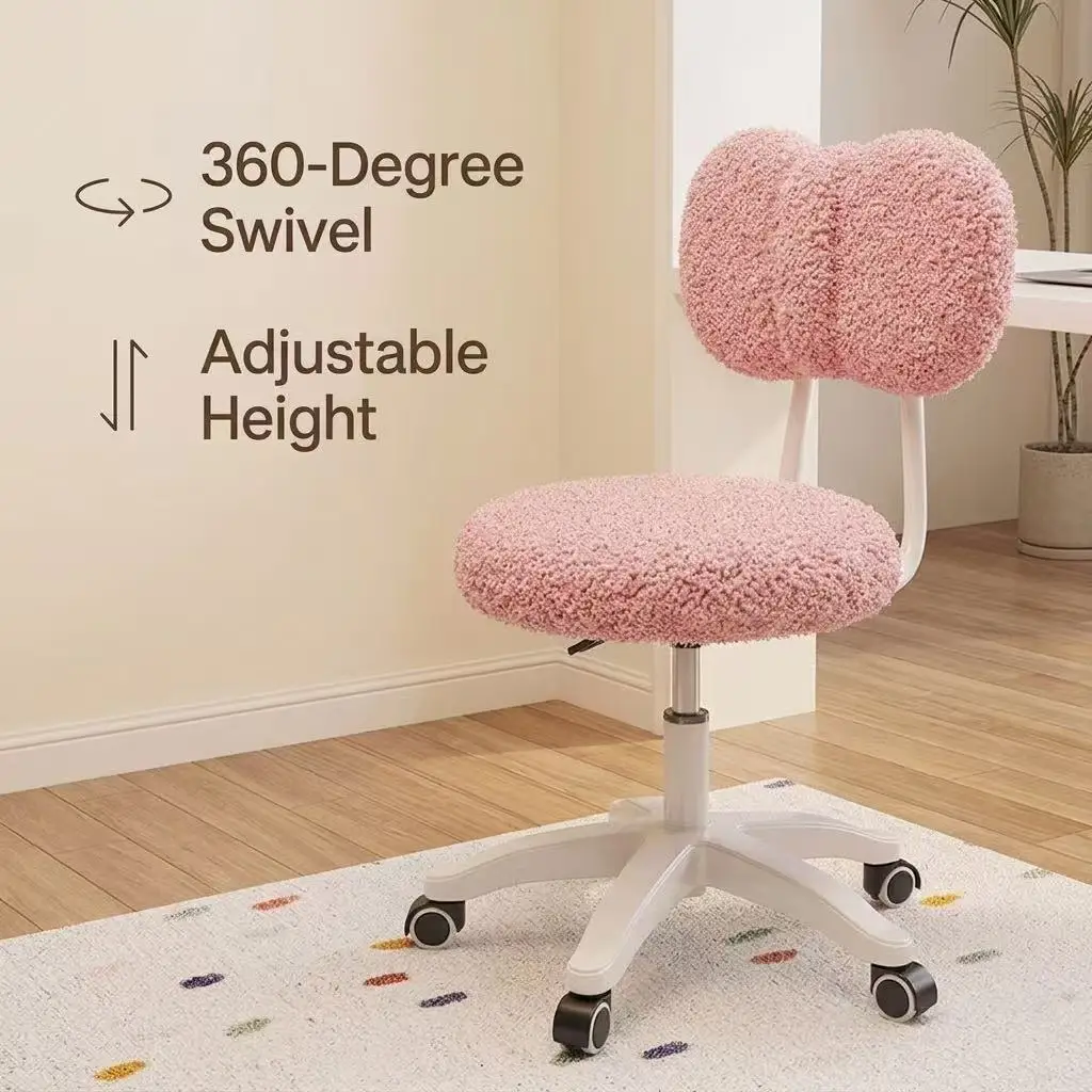 Cute Boucle Swivel Office Chair 360° Rotating Adjustable Height Ergonomic Vanity Desk Chair with Wheels for Home Bedroom Study view 4