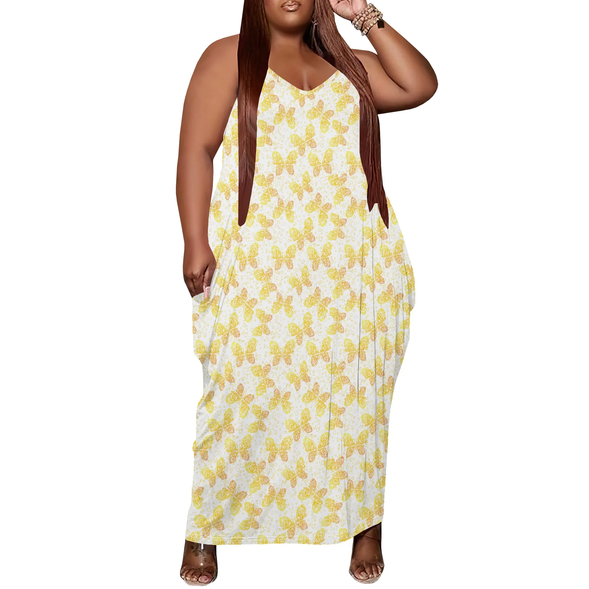 

Women Plus Size Dress Loose Halter Long Dress with Pocket Stretchy Vacation Butterfly Print XL-6XL​