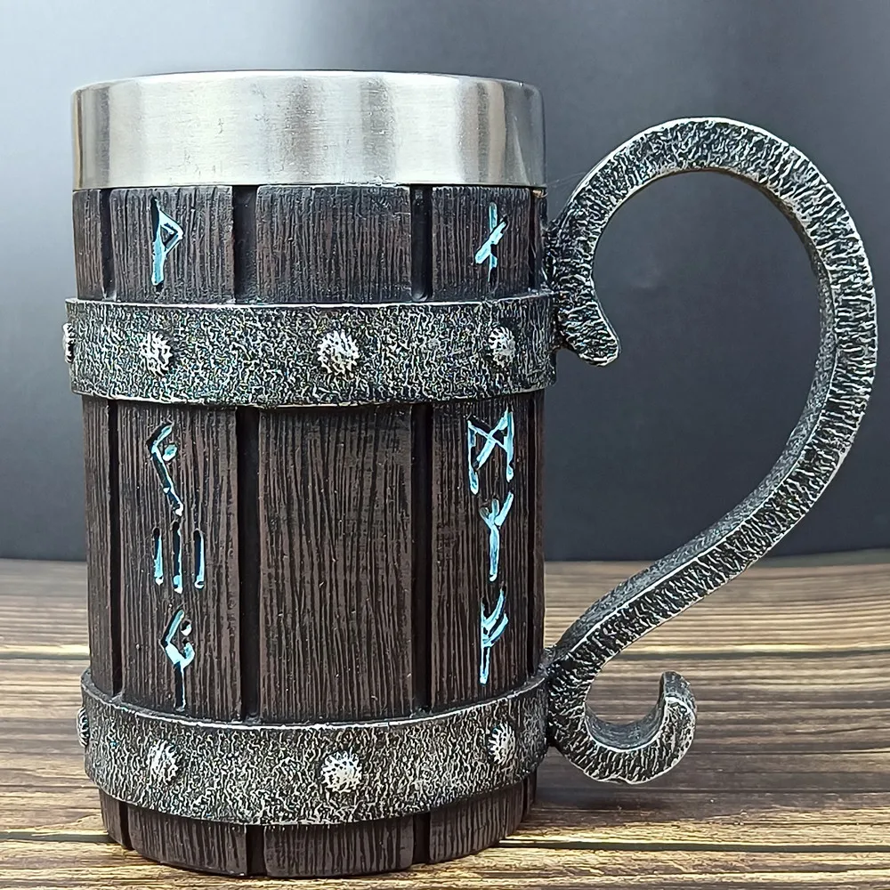 Large Capacity Black Wooden Barrel Viking Beer Mug Creative Resin Stainless Steel Liner Water Cup Coffee Cup Tea Mug