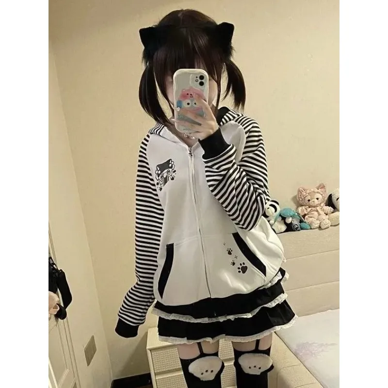 Deeptown Y2k Kawaii Cartoon Print Zip Up Women Striped Hoodies Harajuku Japanese Fashion Hooded Sweatshirts Loose Cute New Top