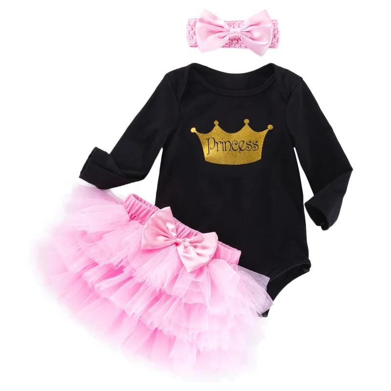 Outono roupas infantis bebê menina aniversário manga longa dos desenhos animados festival macacão rosa saia de seis camadas conjunto de três peças atacado