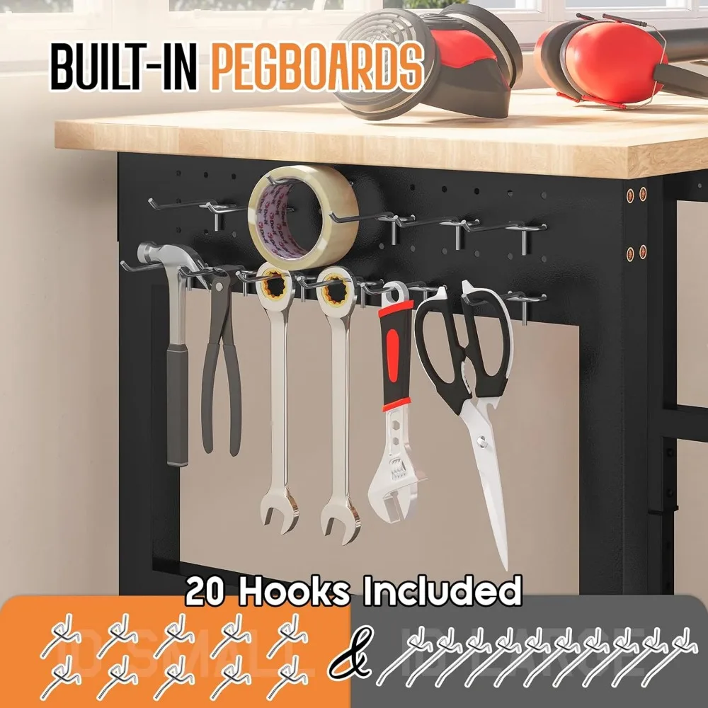 منضدة عمل شديدة التحمل بطبقتين قابلة للتعديل مع 4 منافذ تيار متردد و2 USB، سعة 2000 رطل، قوة صناعية، تصميم مريح