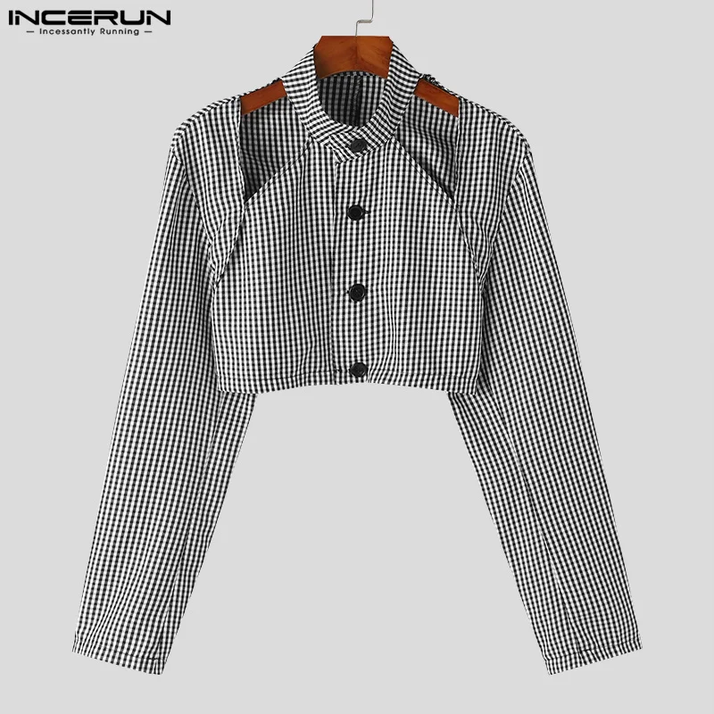 INCERUN 2024 Men\'s Plaid Shirt Stand Collar Long Sleeve Button Hollow Out Fashion Male Crop Tops Streetwear Casual Camisas S-5XL