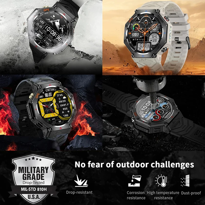 رجل ساعة ذكية GPS العسكرية في الهواء الطلق الساعات الرياضية 530mAh مصباح يدوي قوي البوصلة معدل ضربات القلب ChatGPT BT دعوة Smartwatch الرجال