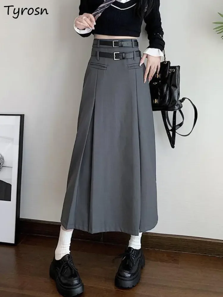 Midi Skirts Women Folds Elegant Fashion A-line Design Simple Solid Summer All-match High Waist Tender Leisure Korean Style Cozy