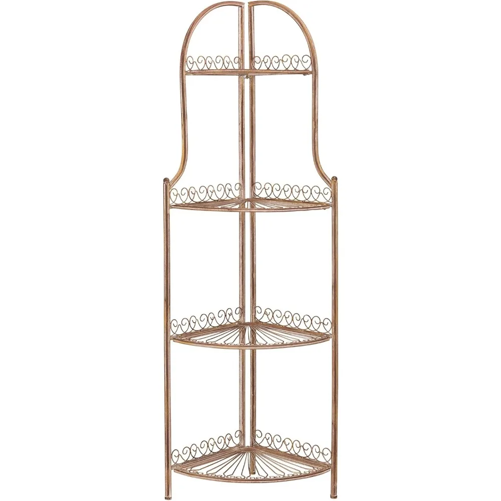 Mensola angolare da esterno rustica in ferro battuto arancione, soluzione di stoccaggio a 4 livelli per patio e giardino