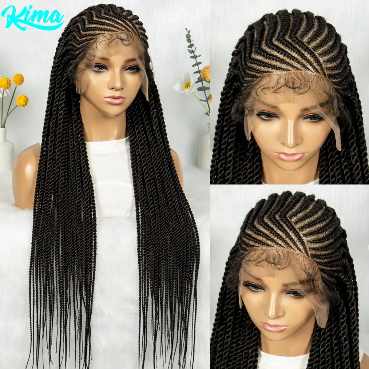 32Inch Cornrow Braided Wigs Synthetic Box Braids Wig Full Lace  Braided Wig for Black Women Blended Lace Front Braiding Hair Wig