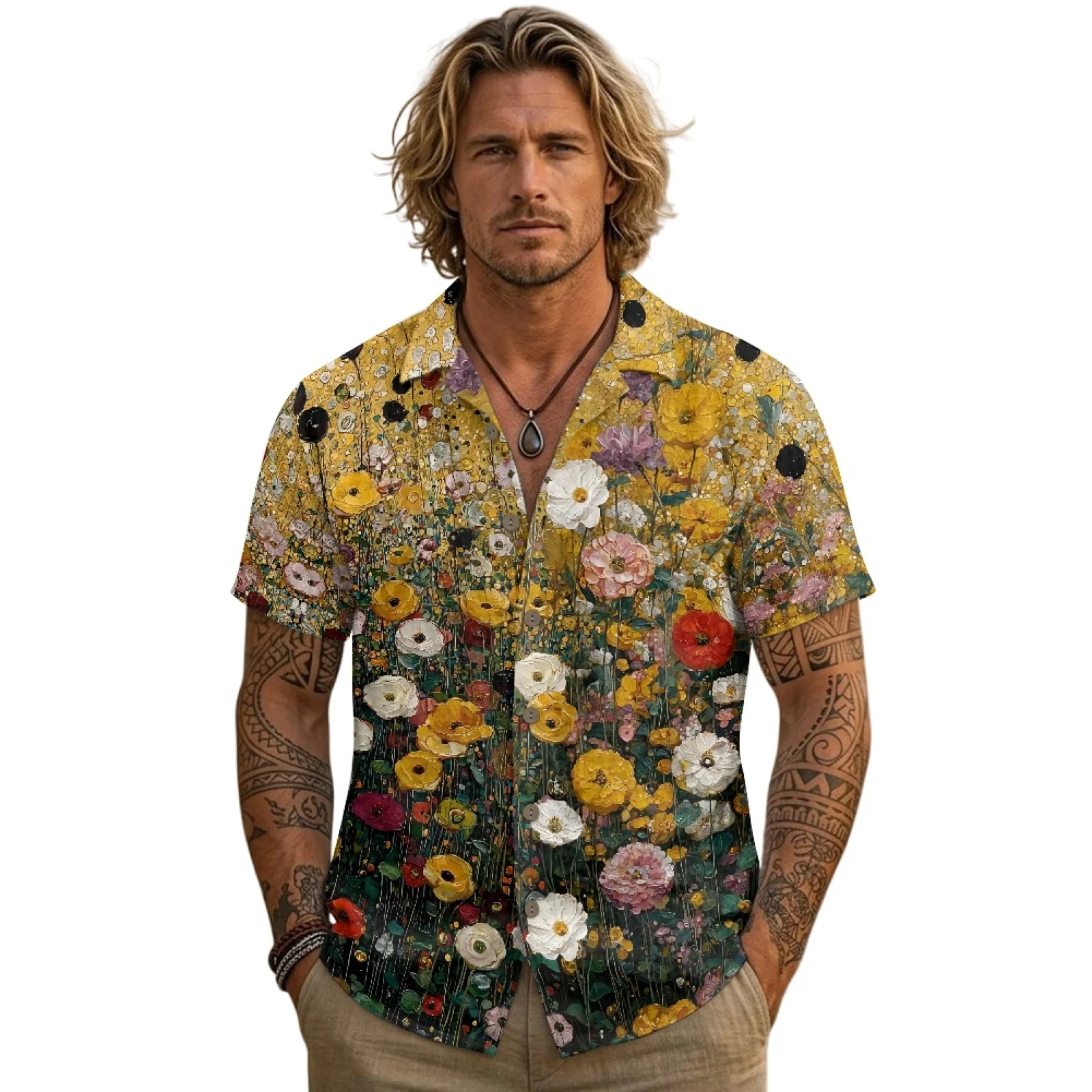 PENSTROLL Gold Floral Linen Like Short Sleeve T-shirt Single Breasted Men's Hawaiian Beach Shirt for Male S-3XL